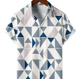 Chemise en Coton Casual pour Homme avec Imprimé Géométrique en Triangle Bleu et Blanc, Manches Courtes pour l'Été