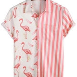 Chemise à Manches Courtes en Coton avec Motif Flamant Rose et Rayures pour Hommes