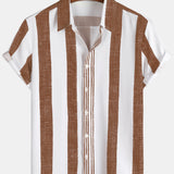Chemise Casual à Manches Courtes à Rayures Verticales en Brun Vintage pour Hommes