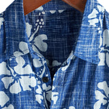 Chemise en Coton Style Hawaïen pour Hommes à Manches Courtes avec Boutons en Motif Floral Bleu