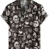Chemise en Coton avec Boutons Cool avec Crâne Rose et Fleurs pour Hommes, Punk Rock and Roll