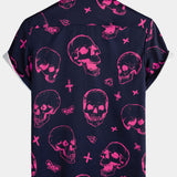 Chemise Aloha pour homme en coton avec impression de crâne rose et manches courtes