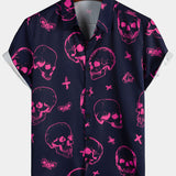 Chemise Aloha pour homme en coton avec impression de crâne rose et manches courtes