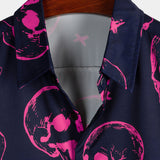 Chemise Aloha pour homme en coton avec impression de crâne rose et manches courtes