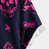 Chemise Aloha pour homme en coton avec impression de crâne rose et manches courtes