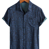 Chemise Homme à Manches Courtes en Coton Boho de Couleur Marine avec Motif Géométrique Tribal