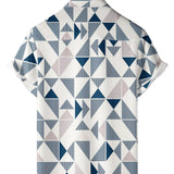 Chemise en Coton Casual pour Homme avec Imprimé Géométrique en Triangle Bleu et Blanc, Manches Courtes pour l'Été