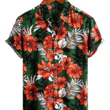 Chemise à Manches Courtes en Coton avec Fleurs Vertes Hawaïennes pour Hommes