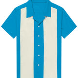 Chemise à Manches Courtes de Style Rétro des Années 50 avec Col Cubain pour Hommes en Couleur Bleue
