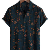Chemise à Manches Courtes en Coton avec Boutons pour Hommes, Fleurie, Bleue Marine pour l'Été