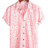 Chemise à Manches Courtes en Coton de Style Hawaïen pour Hommes en Rose avec des Marguerites
