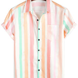 Chemise d'Été pour Homme en Coton à Rayures Verticales Roses et Blanches avec Boutons et Poche, Manches Courtes