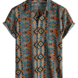 Chemise à Manches Courtes en Coton avec Boutons et Motif Azteque des Années 70.