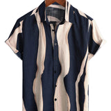 Chemise en Coton pour Homme de Style Rétro à Rayures d'Été Bleu Marine à Manches Courtes avec Boutons