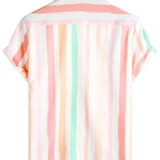 Chemise d'Été pour Homme en Coton à Rayures Verticales Roses et Blanches avec Boutons et Poche, Manches Courtes
