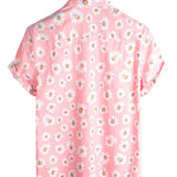 Chemise à Manches Courtes en Coton de Style Hawaïen pour Hommes en Rose avec des Marguerites