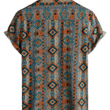 Chemise à Manches Courtes en Coton avec Boutons et Motif Azteque des Années 70.