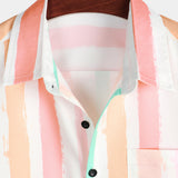 Chemise d'Été pour Homme en Coton à Rayures Verticales Roses et Blanches avec Boutons et Poche, Manches Courtes