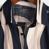 Chemise en Coton pour Homme de Style Rétro à Rayures d'Été Bleu Marine à Manches Courtes avec Boutons