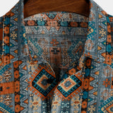 Chemise à Manches Courtes en Coton avec Boutons et Motif Azteque des Années 70.
