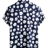 Chemise à Manches Courtes en Coton de Style Hawaïen pour Hommes en Couleur Bleu Marine avec des Marguerites
