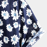Chemise à Manches Courtes en Coton de Style Hawaïen pour Hommes en Couleur Bleu Marine avec des Marguerites