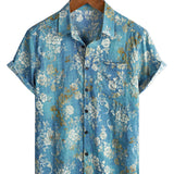 Chemise à Manches Courtes en Coton avec Motif Floral Bleu pour Hommes