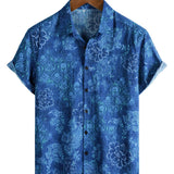 Chemise Homme à Manches Courtes à Fleurs en Coton de Style Hawaïen Bleue