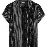 Chemise en Coton Noire Rétro pour Homme à Rayures et à Pois, avec Boutons et Manches Courtes