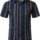 Chemise à Manches Courtes en Coton avec Boutons pour Hommes, Rétro Années 70, Rayures, Marine, Vintage