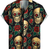 Chemise à Manches Courtes en Coton avec Motif Crâne et Rose pour Hommes