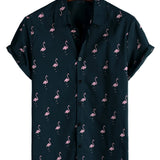 Chemise Casual en Coton Style Hawaïen à Manches Courtes avec Boutons Flamant Tropical pour Hommes