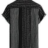 Chemise en Coton Noire Rétro pour Homme à Rayures et à Pois, avec Boutons et Manches Courtes