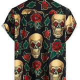 Chemise à Manches Courtes en Coton avec Motif Crâne et Rose pour Hommes