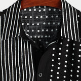 Chemise en Coton Noire Rétro pour Homme à Rayures et à Pois, avec Boutons et Manches Courtes