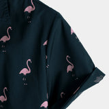 Chemise Casual en Coton Style Hawaïen à Manches Courtes avec Boutons Flamant Tropical pour Hommes