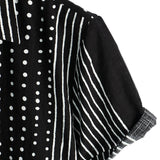 Chemise en Coton Noire Rétro pour Homme à Rayures et à Pois, avec Boutons et Manches Courtes