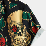 Chemise à Manches Courtes en Coton avec Motif Crâne et Rose pour Hommes