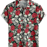 Chemise à Manches Courtes en Coton avec Motif Crâne et Rose pour Hommes