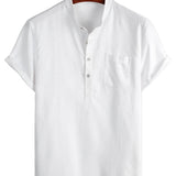 Chemise en Coton pour Homme de Couleur Unie avec Col Haut et Demi-Bouton, avec Poche à l'Avant