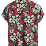 Chemise à Manches Courtes en Coton avec Motif Crâne et Rose pour Hommes