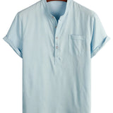 Chemise en Coton pour Homme de Couleur Unie avec Col Haut et Demi-Boutons, avec Poche à l'Avant