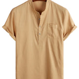 Chemise en Coton pour Homme de Couleur Unie avec Col Haut et Demi-Bouton, avec Poche à l'Avant