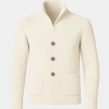 Georges | Gilet boutonné côtelé bleu marine col montant