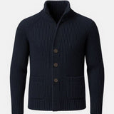 Georges | Gilet boutonné côtelé bleu marine col montant