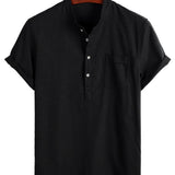 Chemise en Coton pour Homme de Couleur Unie avec Col Haut et Demi-Boutons, avec Poche à l'Avant