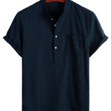 Chemise en Coton pour Homme de Couleur Unie avec Col Haut et Demi-Boutons, avec Poche à l'Avant