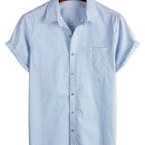 Chemise à Manches Courtes Rayée en Coton avec Poche pour Hommes