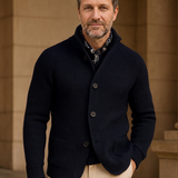 Georges | Gilet boutonné côtelé bleu marine col montant